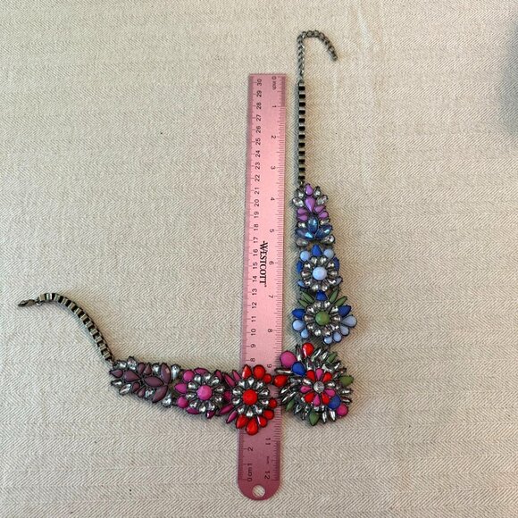 Colorful Floral Statement Bib Necklace With Adjustable Chain & Multi-Gem Accents - Picture 2 of 14